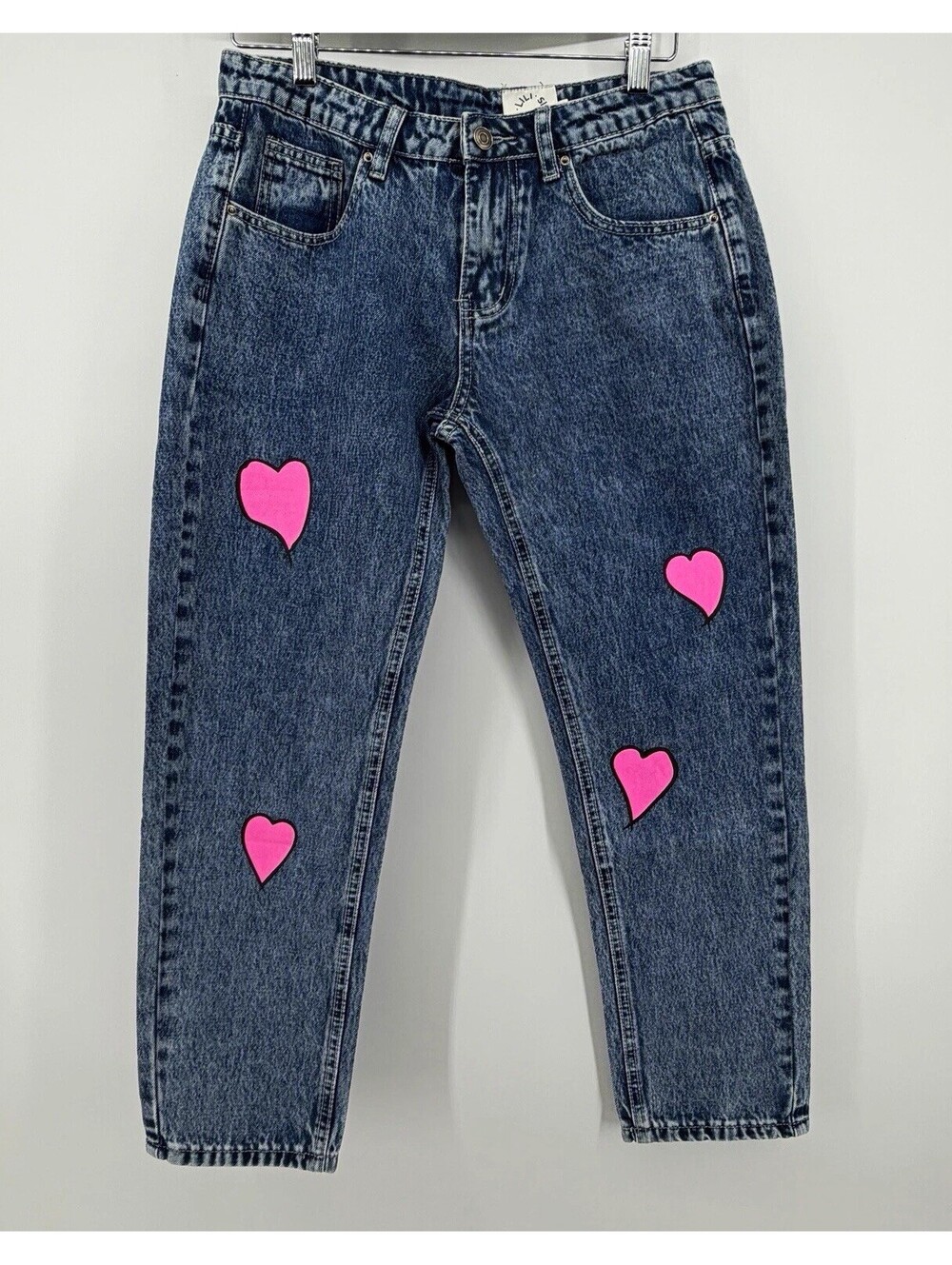 Lili Sidonio Women’s XS Blue Denim Mom Jeans Pink Heart Print High Rise NWT